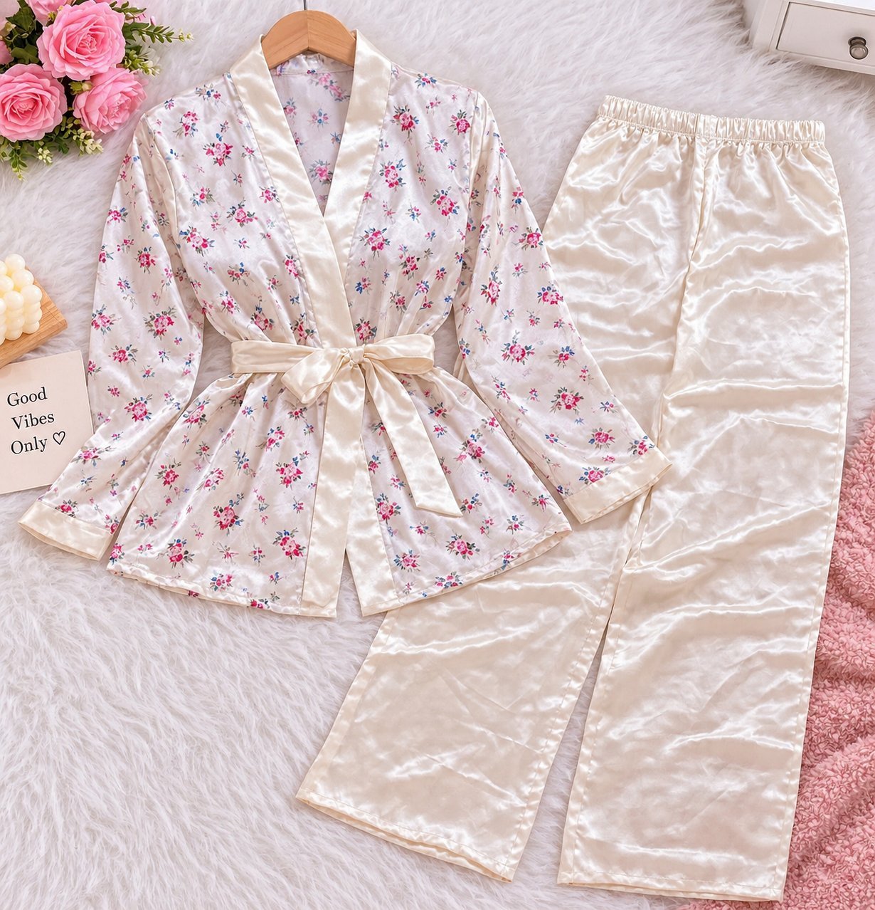 Pyjama satiné fleuri, élégant et féminin 🤍