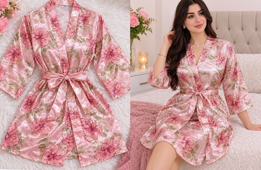 Craquez pour ce magnifique kimono en satin rose brillant, orné de grandes fleurs élégantes. Avec sa ceinture à nouer et ses manches 3/4, il apporte une touche féminine et raffinée, idéale pour des moments de détente tout en douceur. 💗