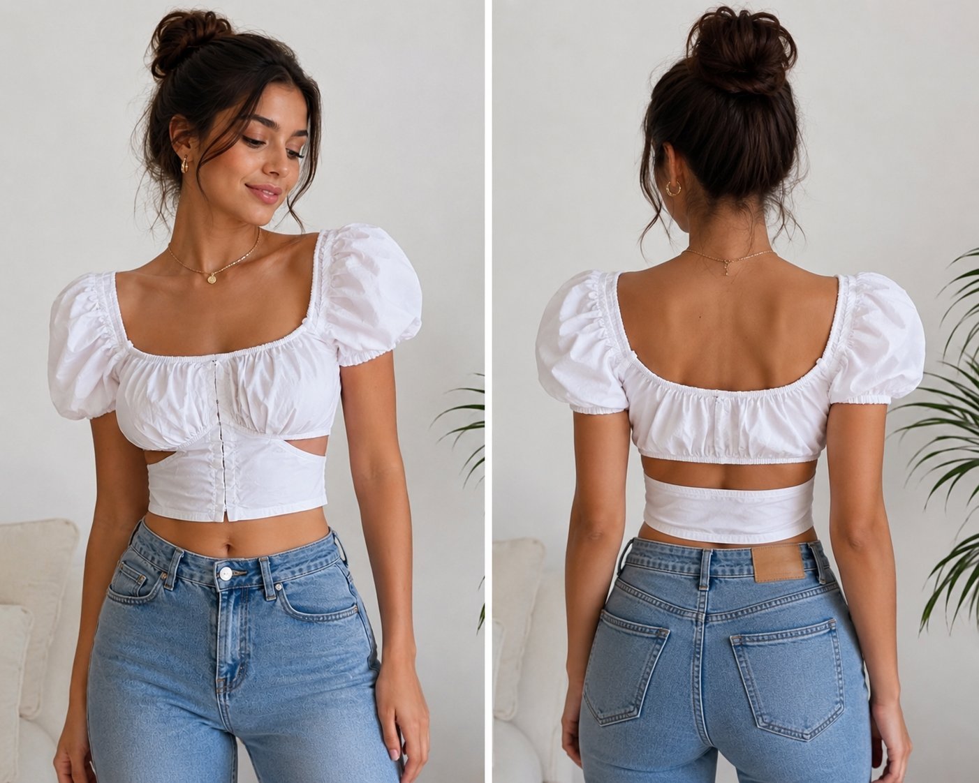 Craquez pour ce magnifique crop top blanc ultra tendance et féminin ! Avec ses découpes "cut-out" originales sur les côtés et ses jolies manches bouffantes