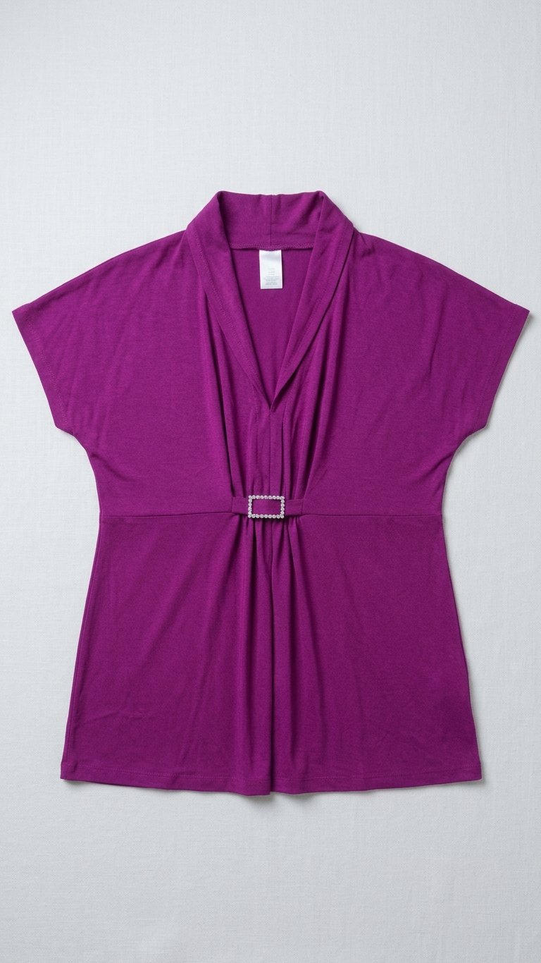 Joli haut violet élégant avec un col en V, une taille cintrée et une jolie boucle brillante au centre. Sa coupe fluide et féminine met la silhouette en valeur. Idéal pour un look chic et raffiné au quotidien ou pour une sortie. 💜