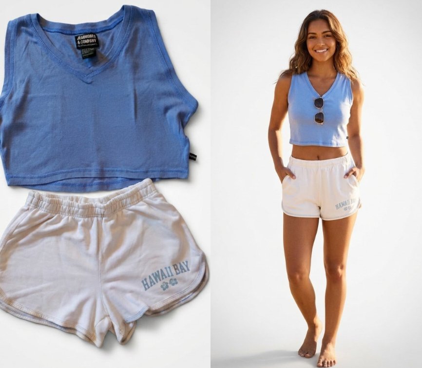 Ensemble d'été tendance composé de :Un short blanc ZARA Kids (Taille 11-12 ans / 152 cm) .Un crop top bleu ciel de la marque Jeanworks & Company qui s'accorde parfaitement avec le style du short.