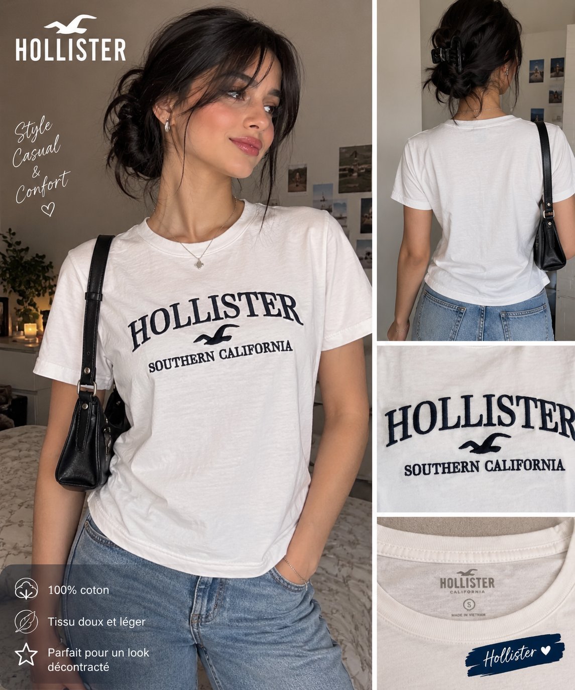 🤍 T-shirt Hollister blanc avec logo bleu marine brodé, au style casual et tendance. Confortable et facile à assortir avec un jean pour un look décontracté et moderne,100% cotton.