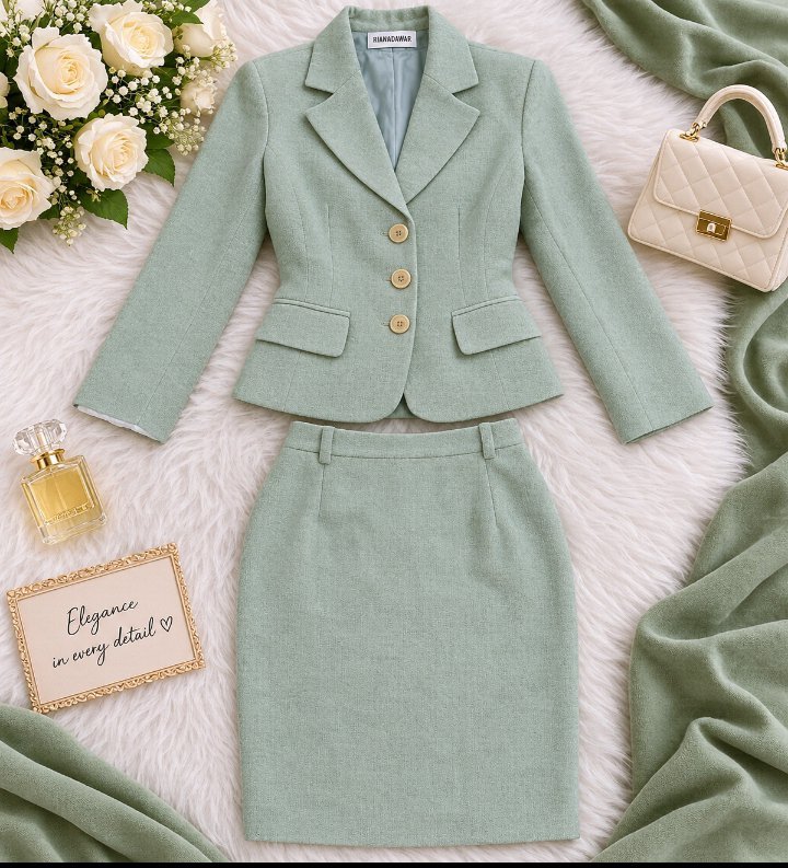 Craquez pour ce magnifique tailleur deux pièces composé d’une veste chic à trois boutons et d’une jupe assortie. 