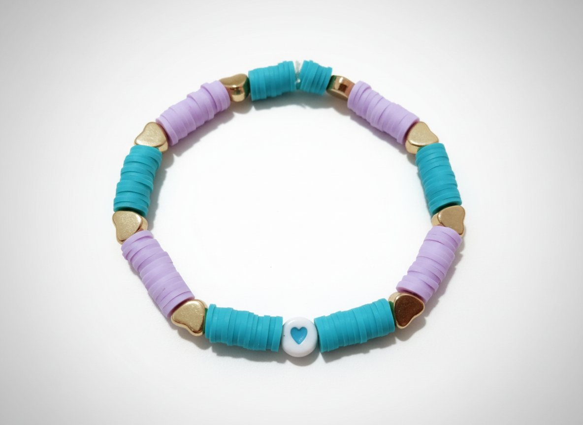 Bracelet Heishi fait main - Turquoise, Violet et Cœurs Dorés