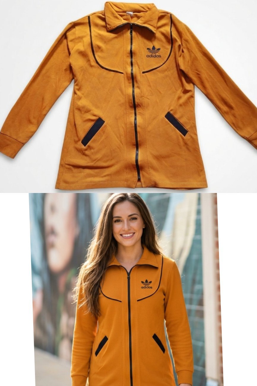 Cette veste zippée Adidas vintage en 100% coton allie confort absolu et style sportswear chic. Sa couleur moutarde unique et ses détails contrastés en font la pièce parfaite pour un look décontracté, stylé et agréable à porter au quotidien.