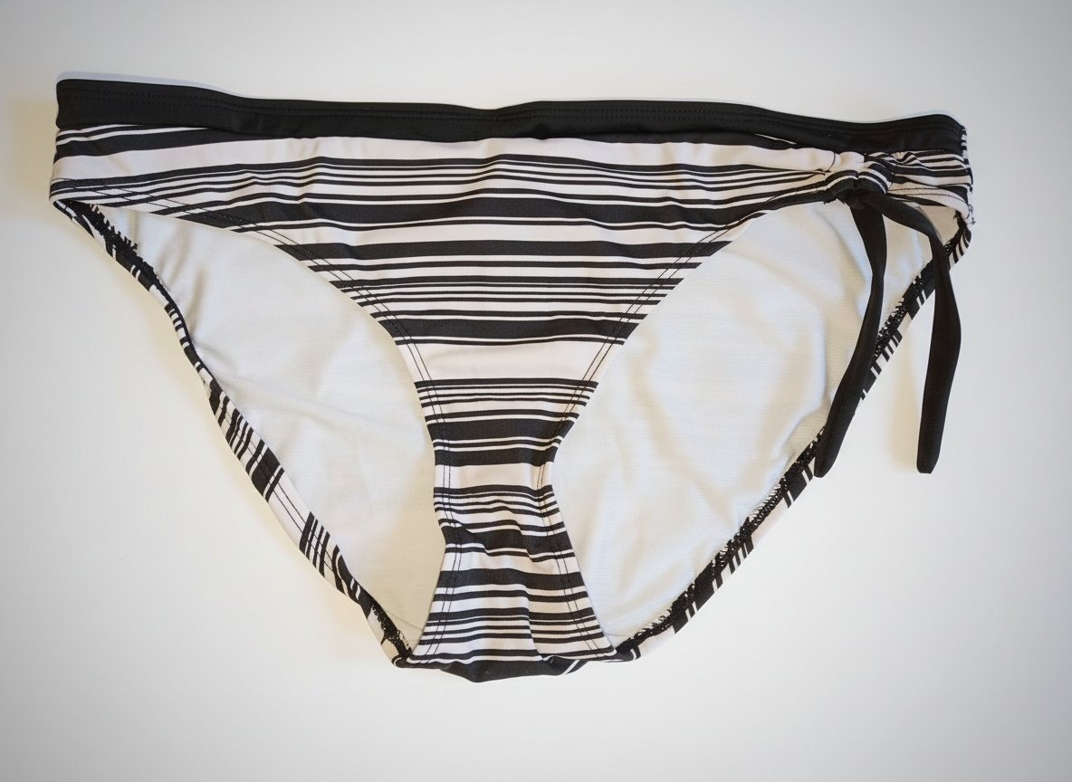 Joli slip de bain à rayures noir et blanc, design moderne et élégant. Détail de ficelle sur le côté pour une touche tendance et originale