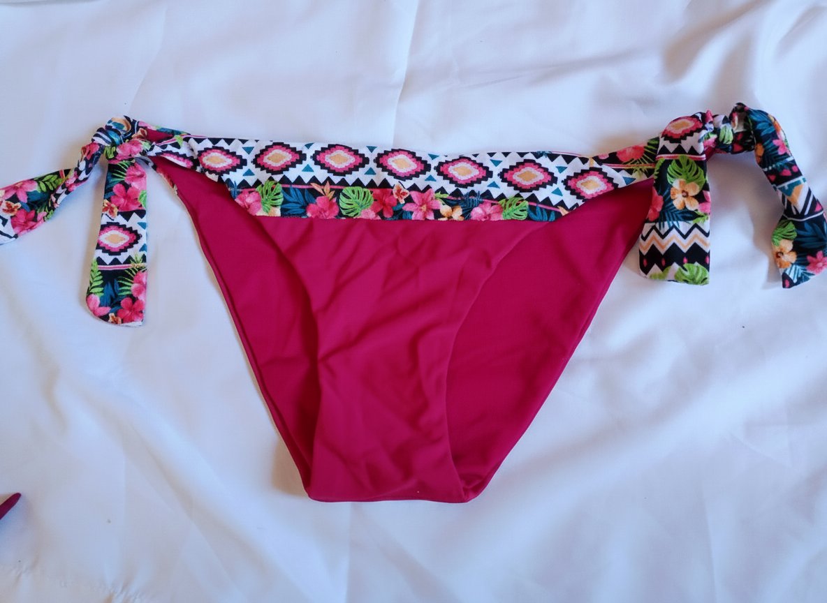 Slip de bain rouge foncé 🌺 Confortable et élégant, avec détails décoratifs et ficelles sur les côtés. Idéal pour la plage et la piscine, matière à séchage rapide.