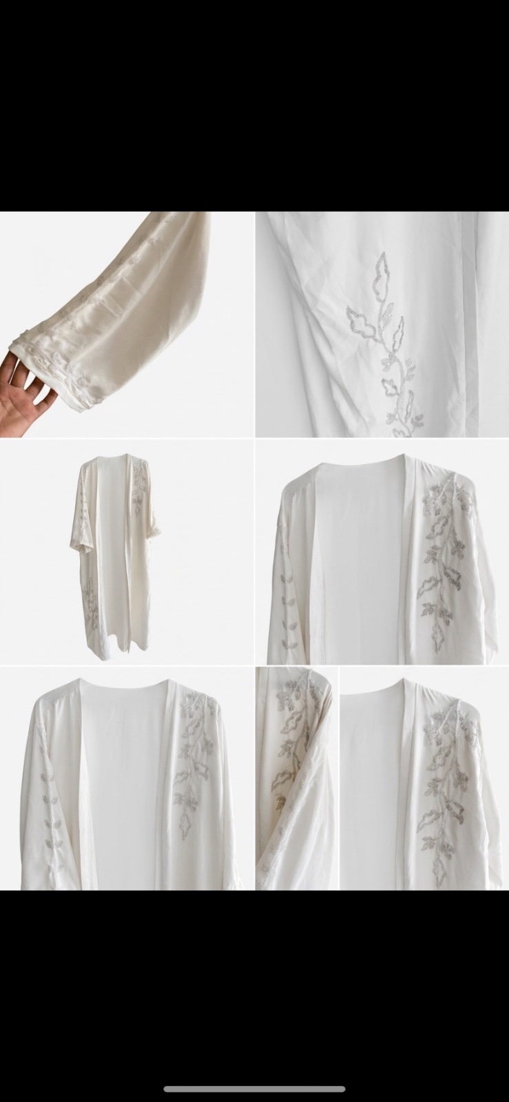 Abaya/kimono blanc élégant avec une délicate broderie argentée