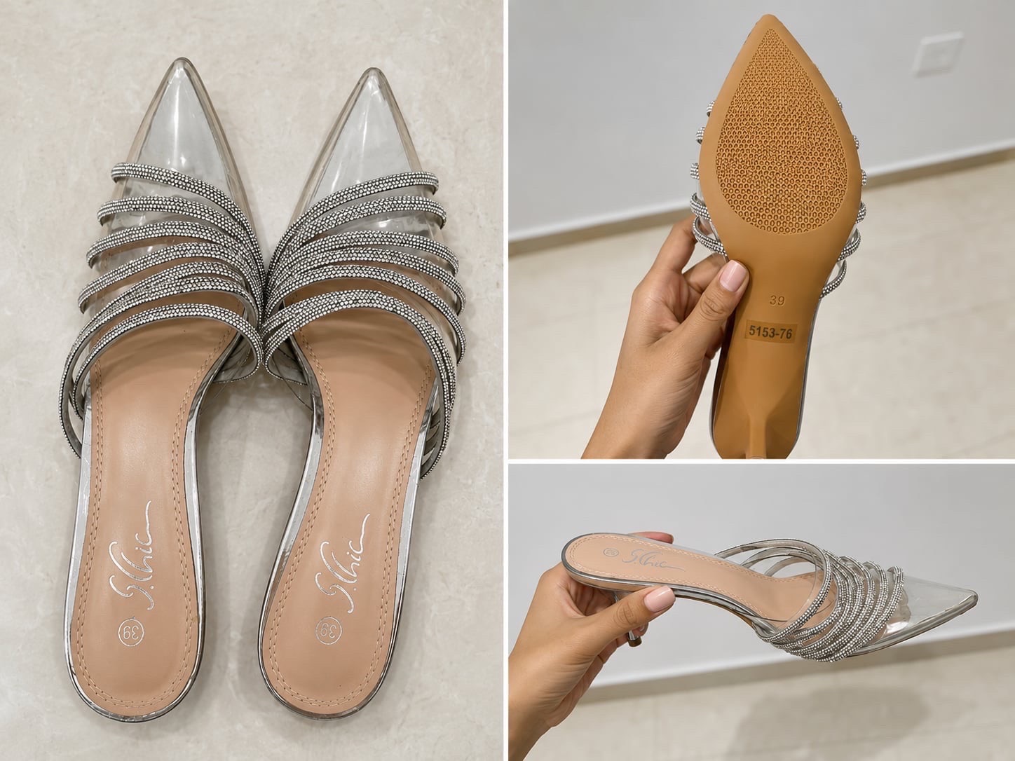 Escarpins mules transparents argentés à strass – Pointure 38