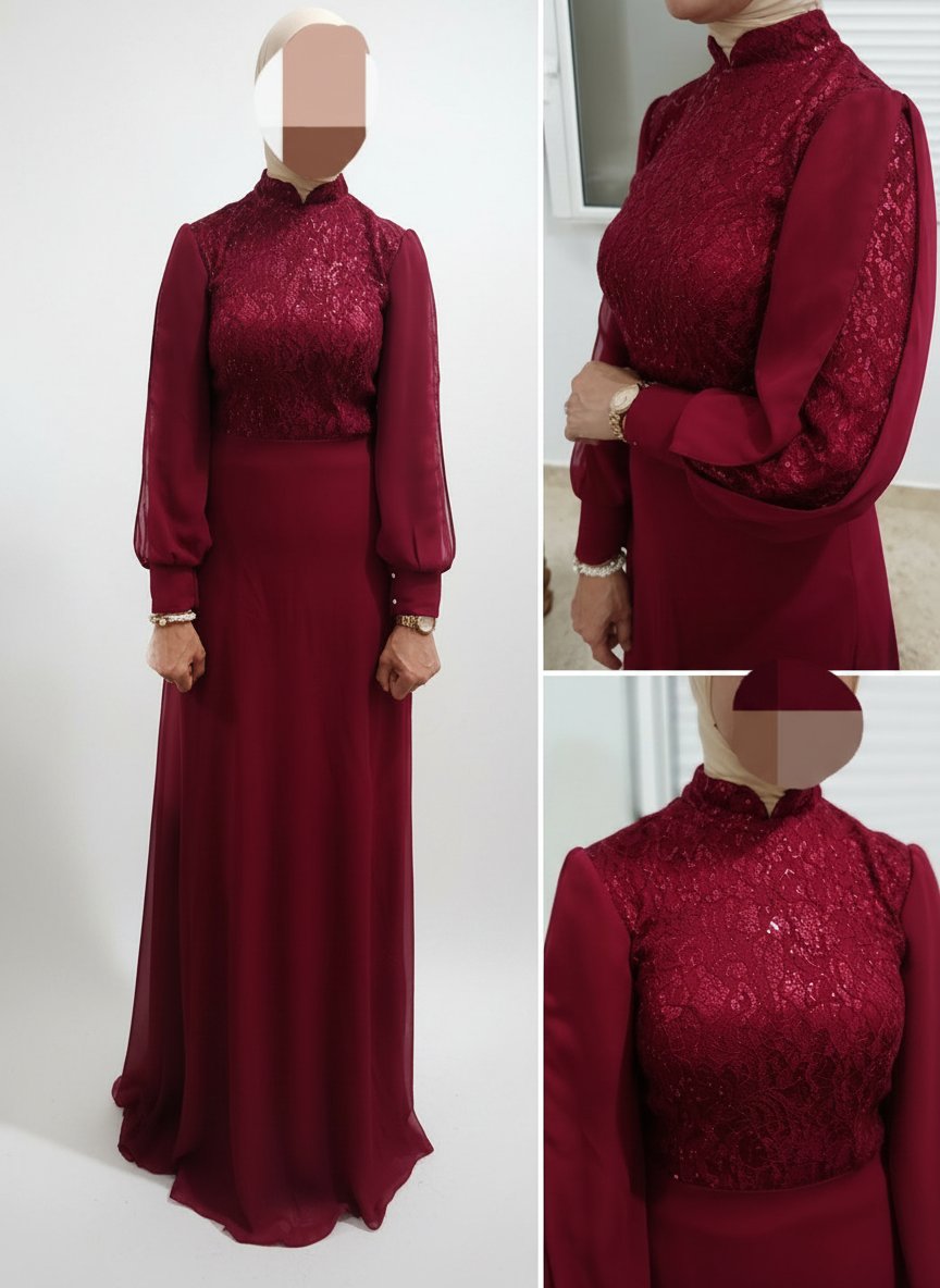 Robe longue bordeaux élégante avec dentelle pailletée et manches bouffantes