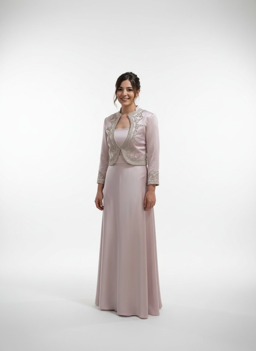 Robe de cérémonie satin rose poudré avec broderies raffinées trasitionnelle