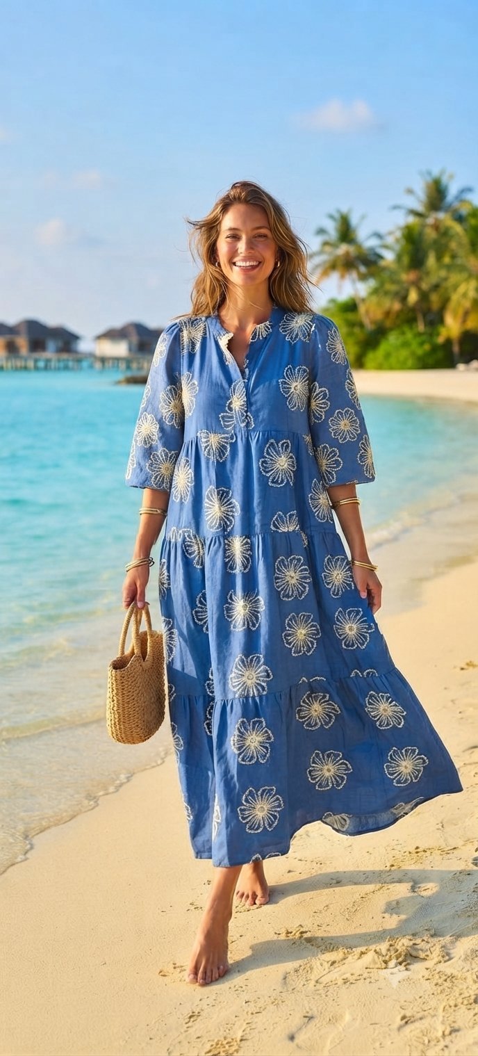 Magnifique robe longue bleu denim ornée de motifs floraux blancs élégants. Confectionnée dans un tissu léger, frais et agréable à porter, elle est idéale pour les journées chaudes.