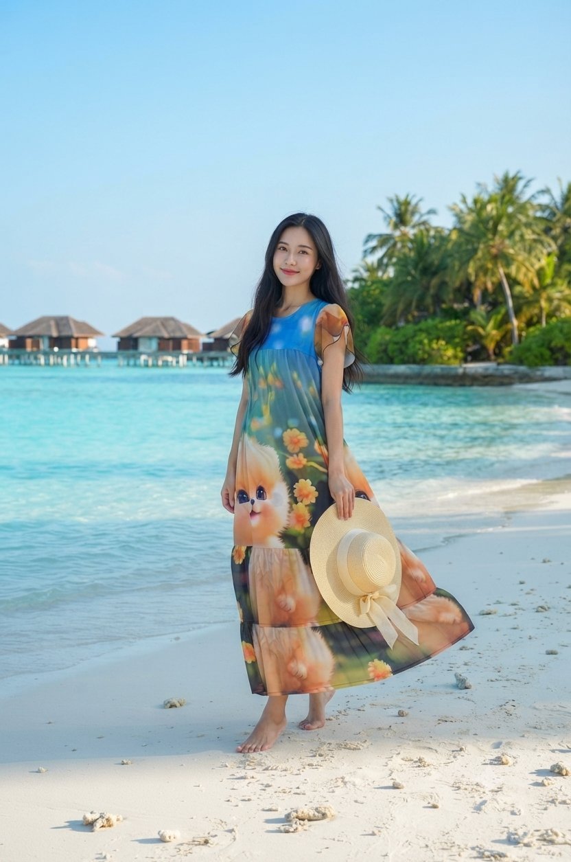 Robe longue imprimée au motif adorable, légère et confortable, idéale pour un look original et féminin cet été.