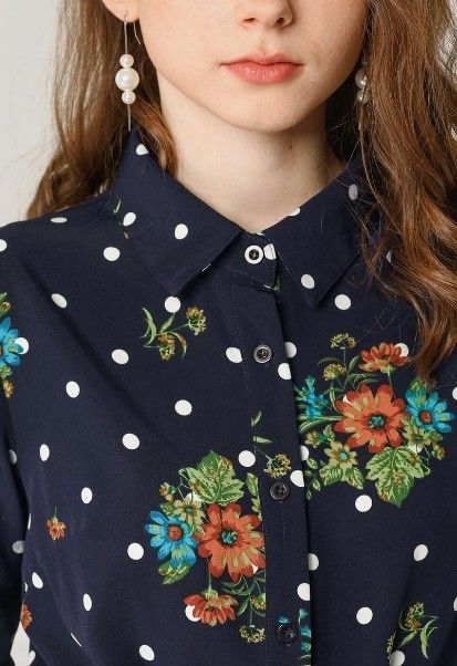 Robe -chemise imprimé fleurs et petits pois 