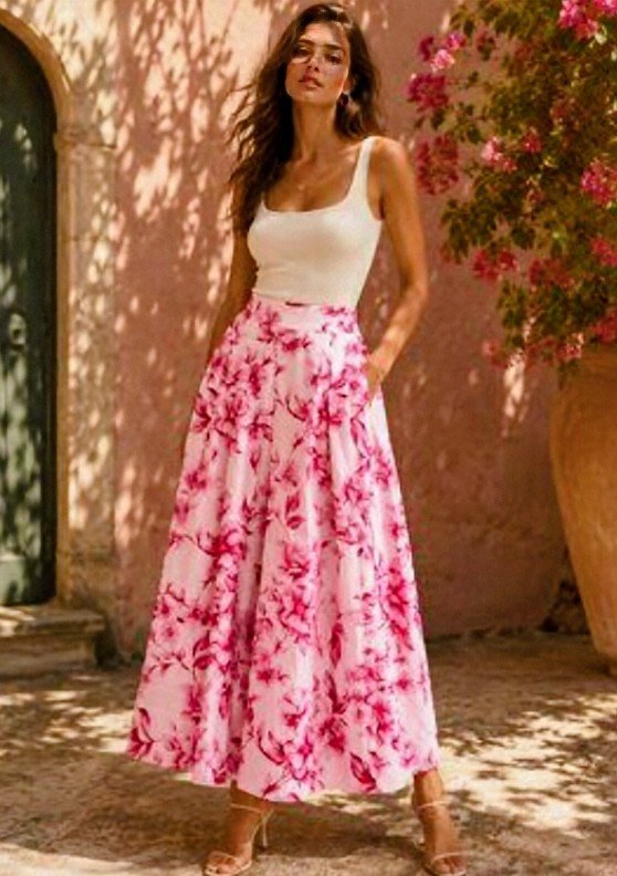 Zara poplin pink white floral printed skirt