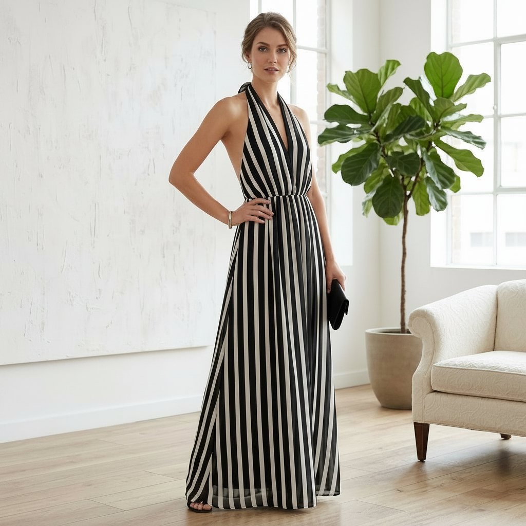 🤍🖤Robe Maxi Rayée Noir et Blanc 🤍🖤Dos Nu 😍✨️