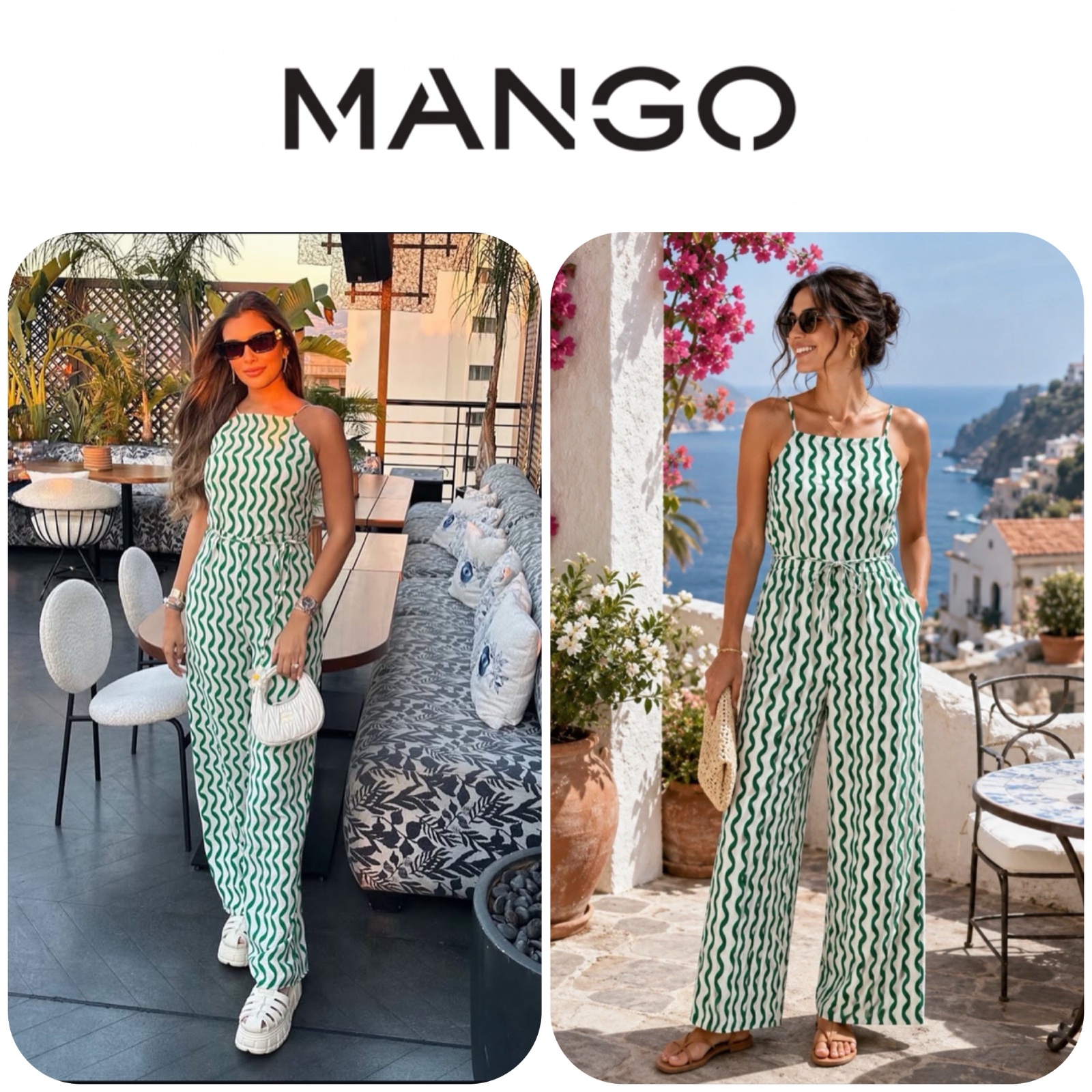 Combinaison MANGO verte à motif ondulé présente une coupe à jambes larges et une ceinture nouée
