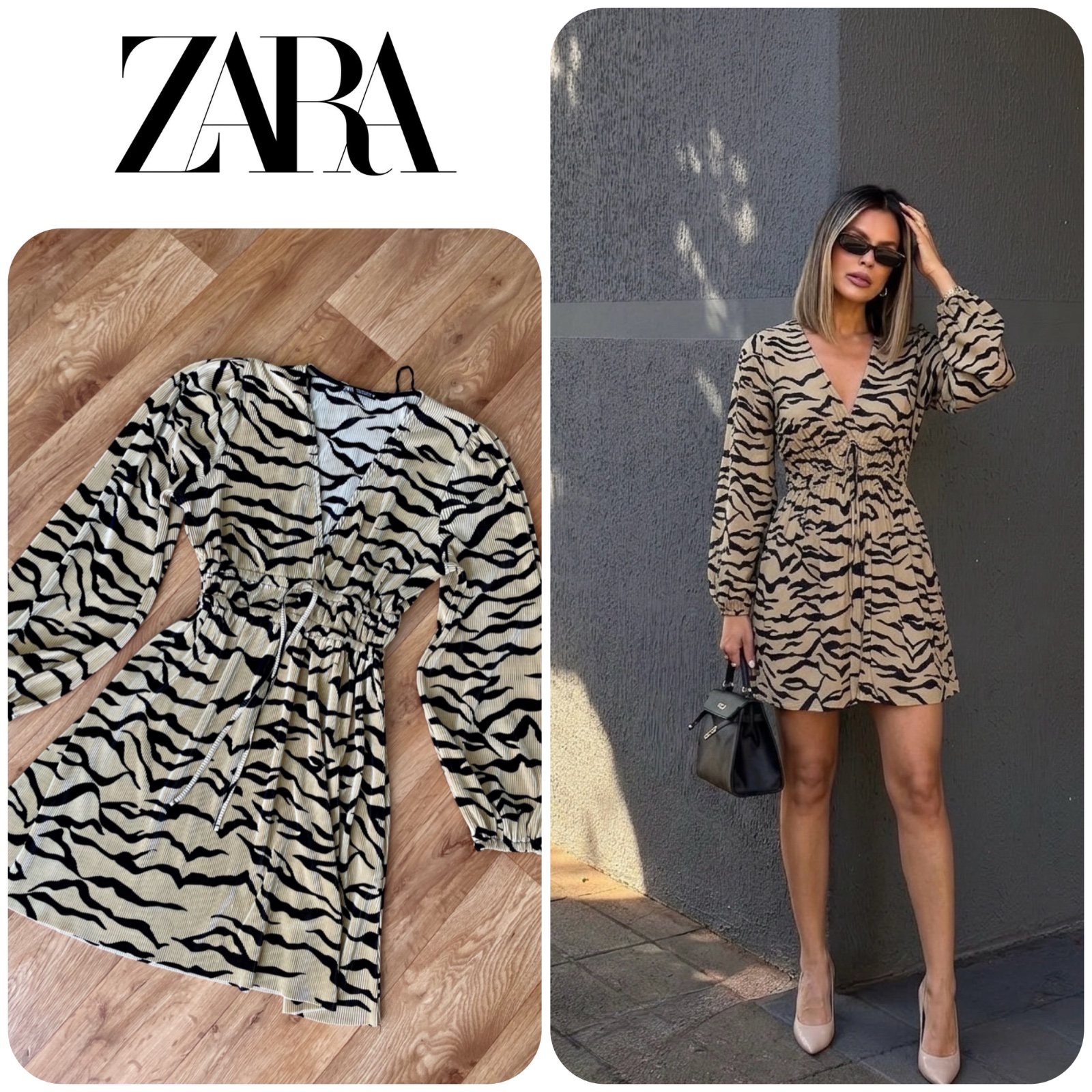 Robe Zara est un modèle plissé à imprimé zèbre noir et beige avec un décolleté en V et une taille ajustable