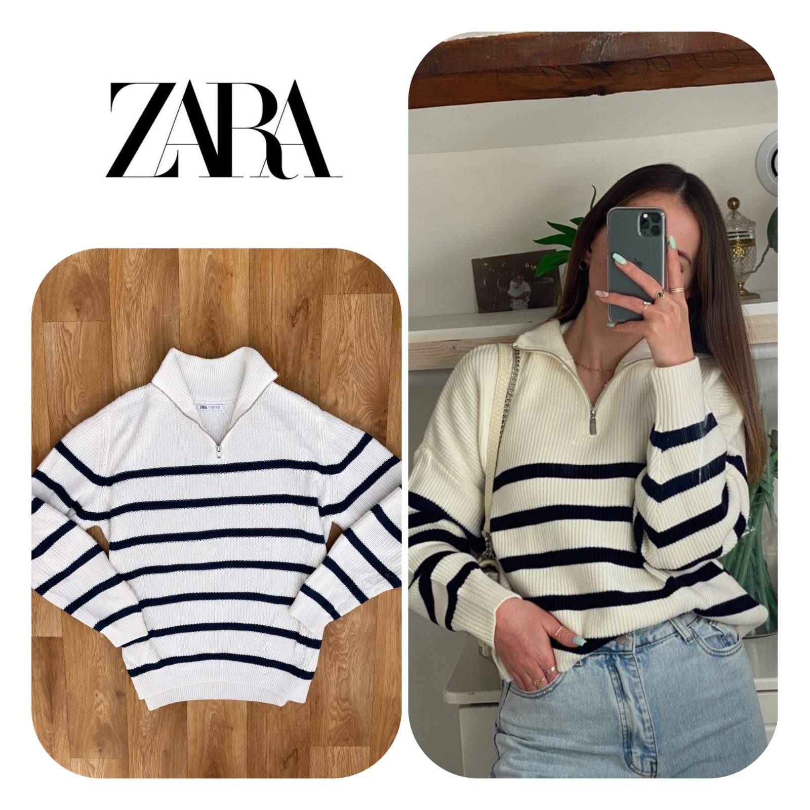 Pull blanc en maille a rayures col zippé chez la marque zara