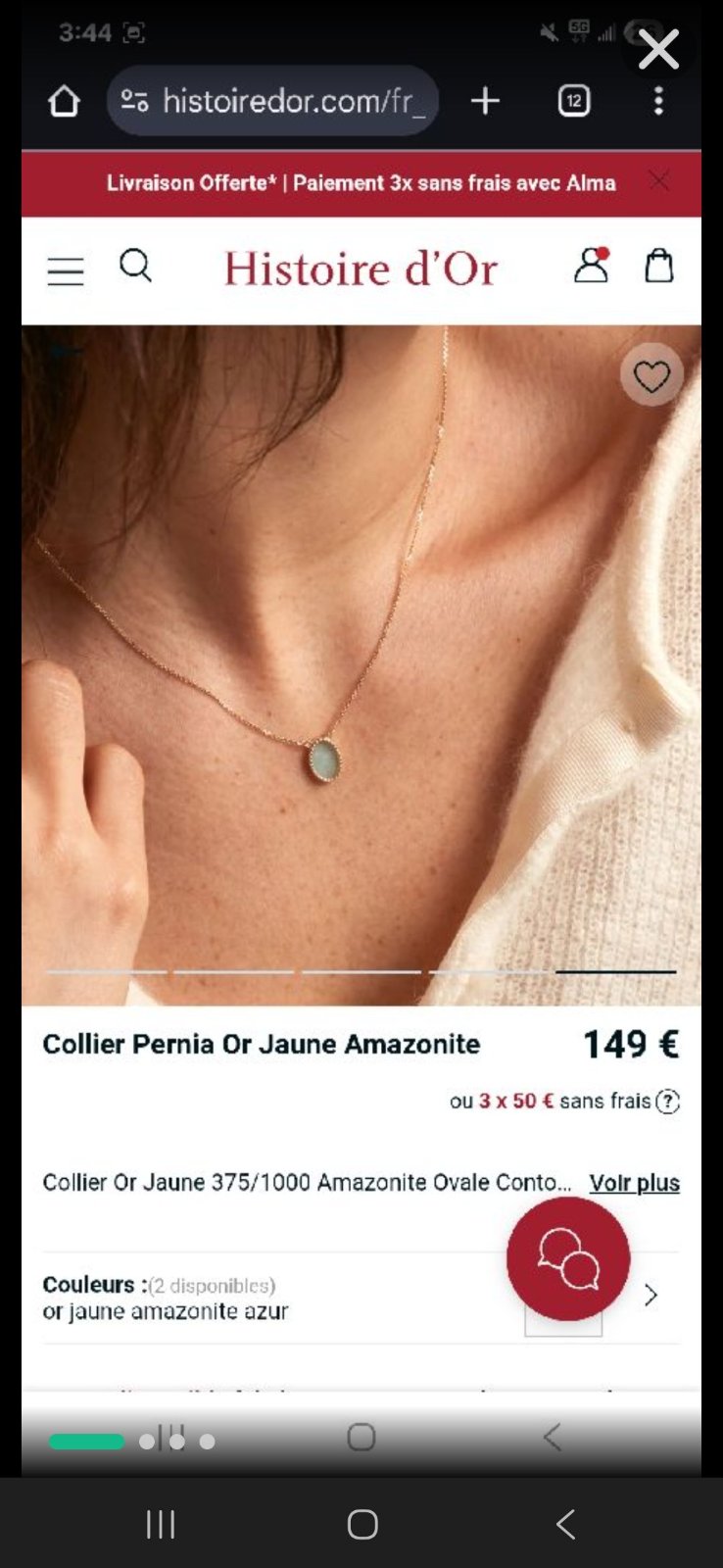 Collier Pernia Or Jaune Amazonite (marque histoire d’or)