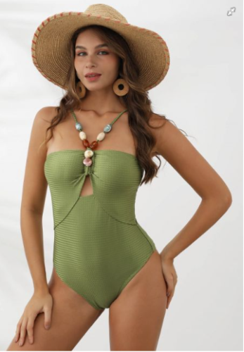Maillot de bain texturé à col halter avec perles en résine – Vert militaire