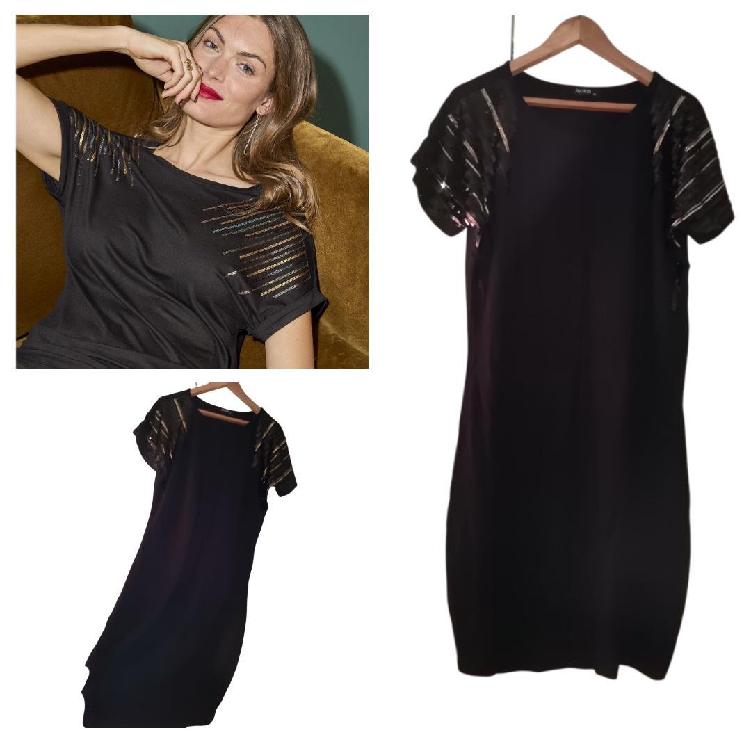 Promo❤️ Robe Janina, avec broderie en sequins noire et doré  sur les manches mi-long tout neuf 