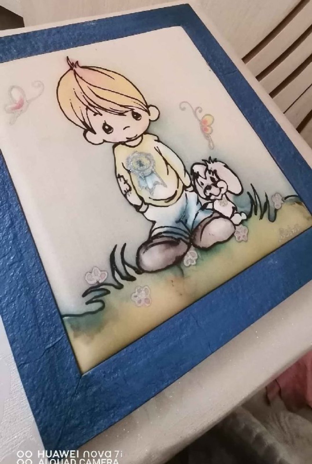 Tableau décoratif pour chambre garçon, peinture sur soie signé en bas