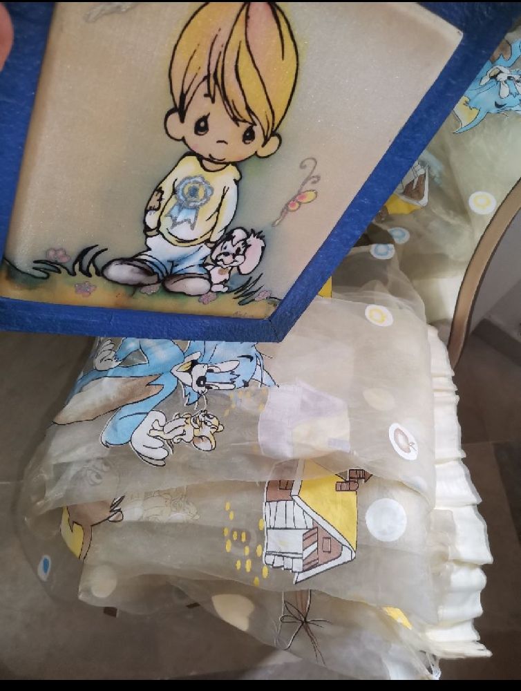 Promo❤️ Tableu à peinture sur soie signé +rideau imprimer Tom&Jerry  pour chambre enfant gratuit 