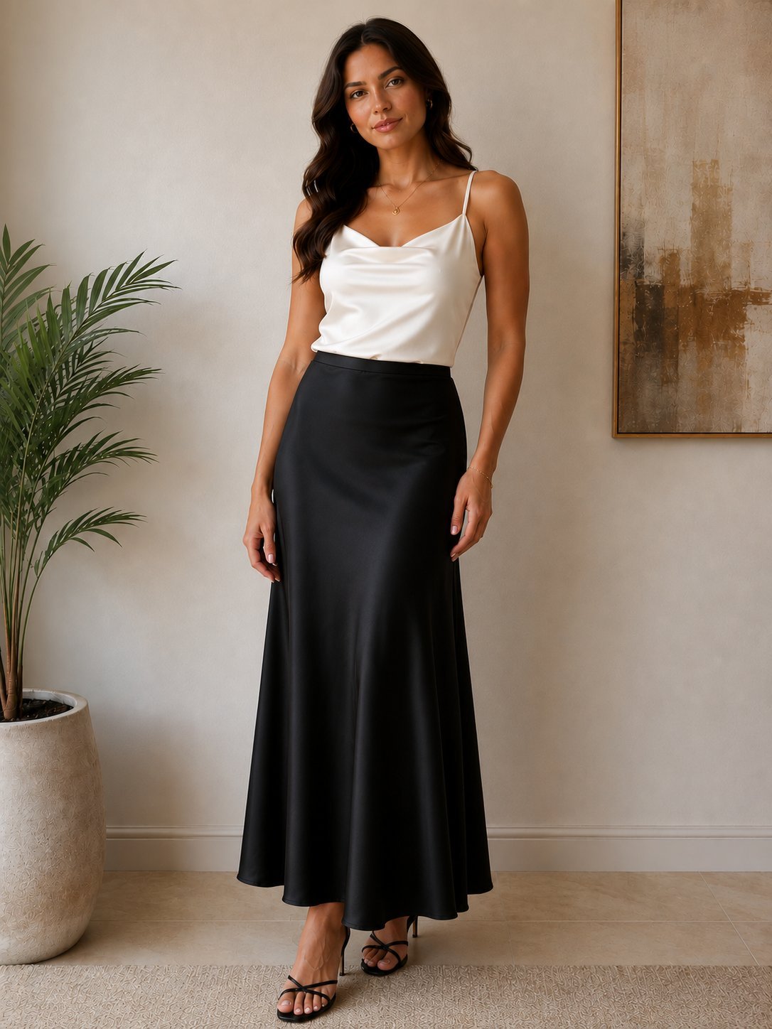 Jupe longue midi noir satin importé 