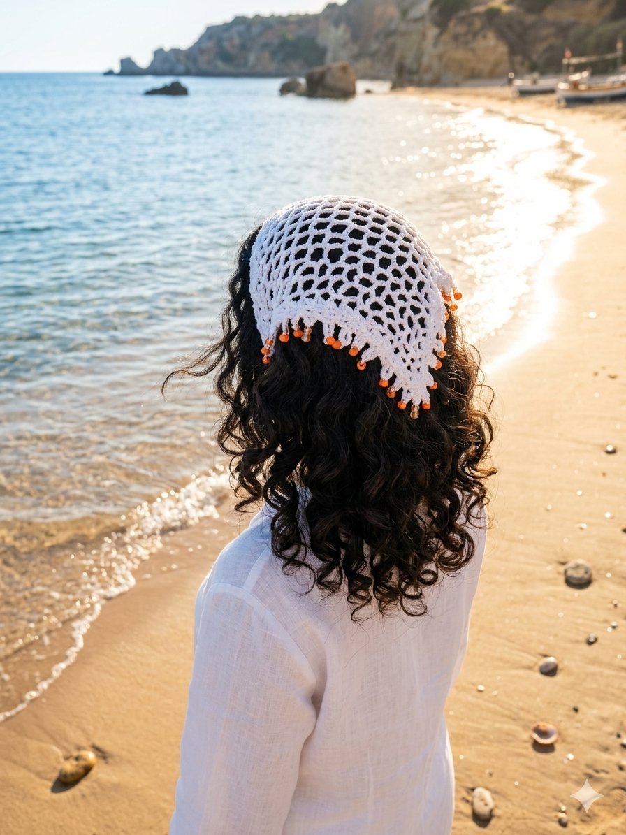 Foulard crochet tendance blanche avec des perles orangé 