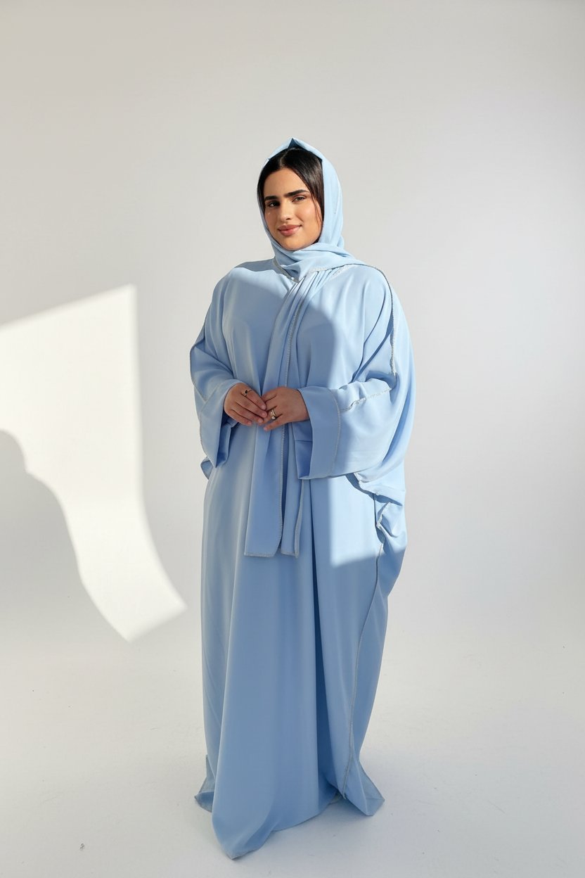 Jelbeb bleu ciel lase9 fih foulard fih touche doré 