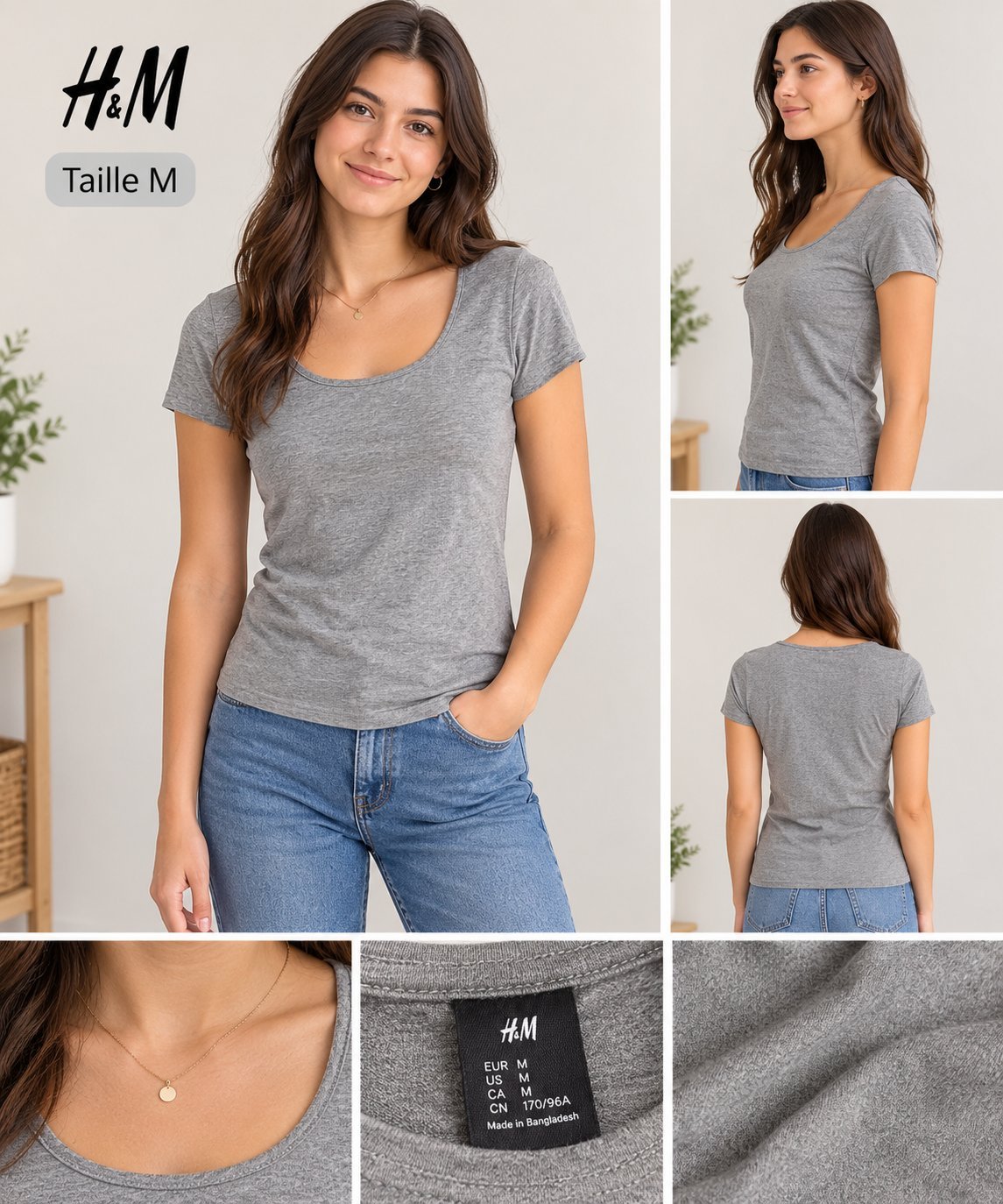 T-shirt gris chiné H&M à col rond coton