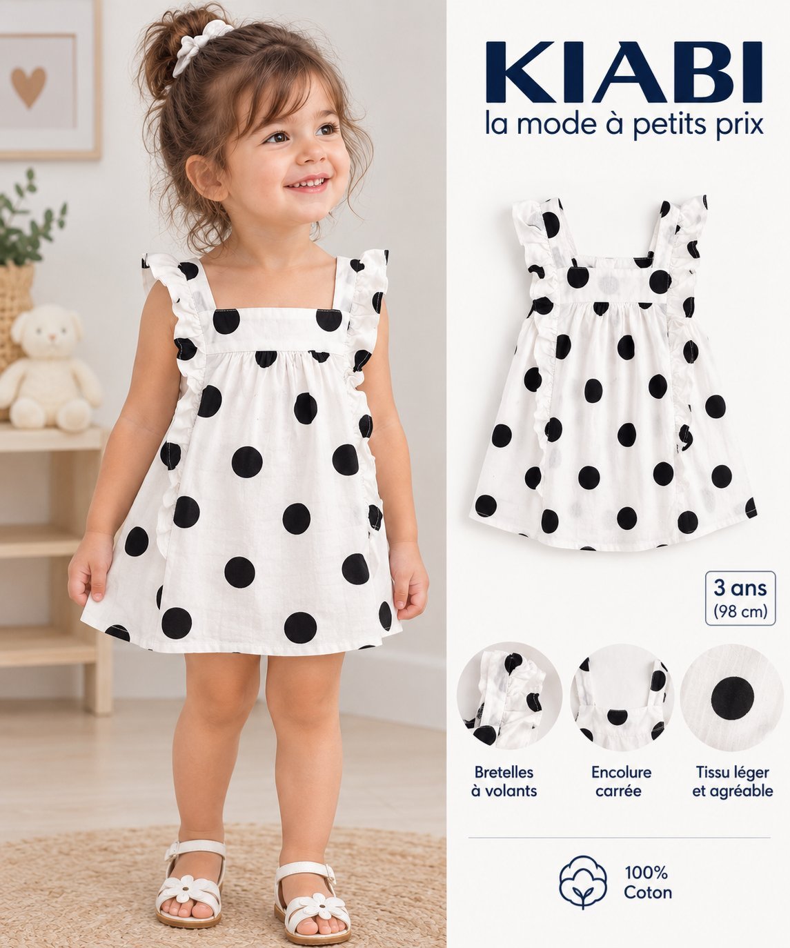 Robe Kiabi fille 3 ans, blanche à pois noirs. Bretelles à volants, coupe évasée et tissu léger.