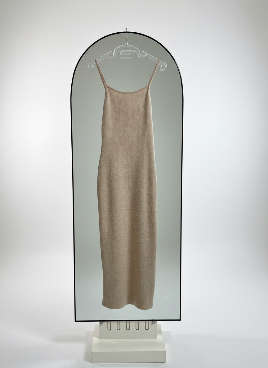 Cette robe est une robe mi-longue moulante beige à imprimé froissé de la marque Primark