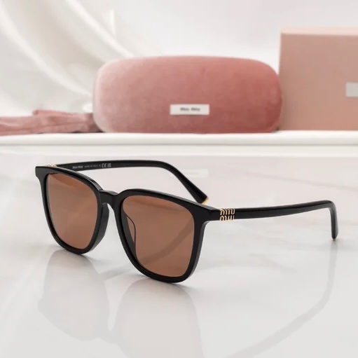 Ces lunettes de soleil sont les Miu Miu MU B03S (coloris 16K90Q - Noir / verres marron).