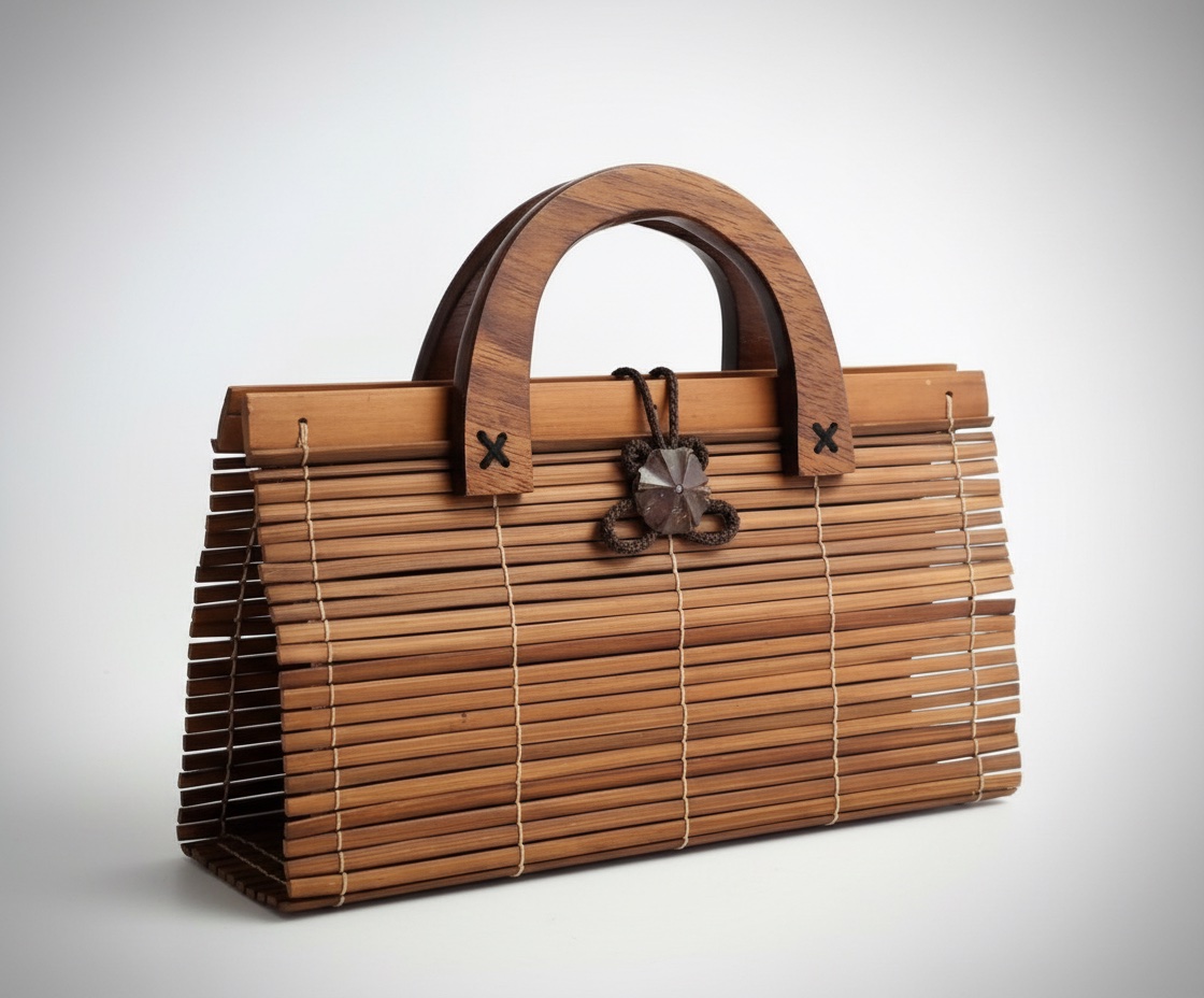 Sac à main vintage en lattes de bois et bambou, caractérisé par une structure rigide en lattes horizontales et une poignée en bois sculpté Neuf