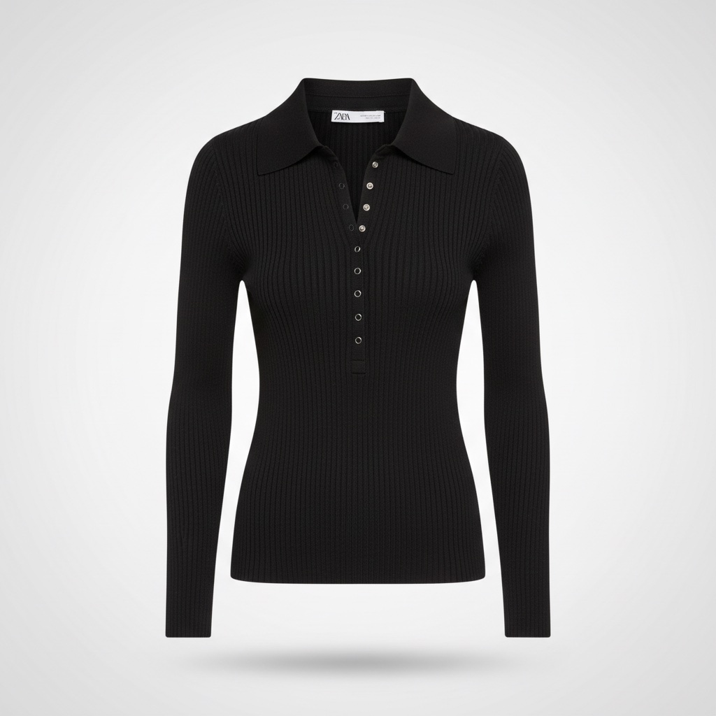 Pull femme en maille côtelée extensible Coupe ajustée et féminine Col chemise avec boutons Couleur noire classique Taille M État : comme neuf  Pièce chic et facile à assortir, parfaite pour un look élégant au quotidien ✨