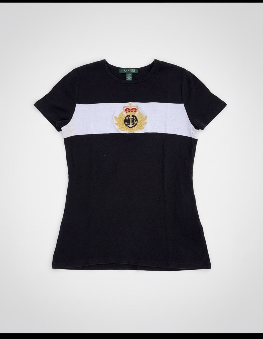 T-shirt Lauren Ralph Lauren, caractérisé par son écusson brodé sur une bande blanche contrastée