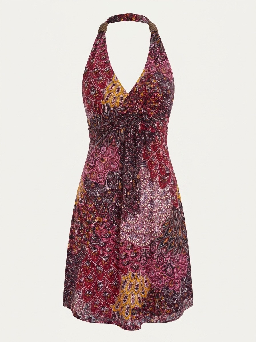 Robe courte dos-nu imprimé cachemire / motif plume - Taille S