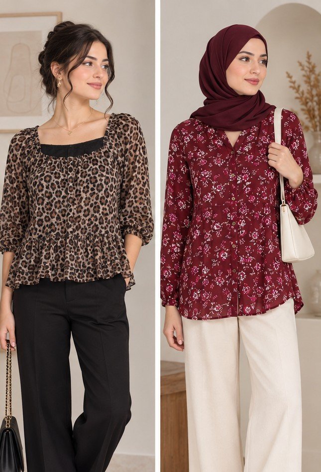 Deux pull en rouge style chemise pour femme voilé et non voilé avec un pull tigre 🐅