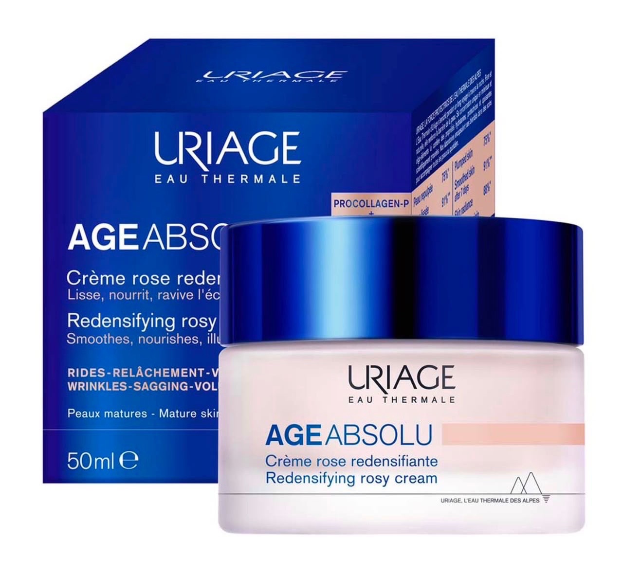Uriage Age Absolu Crème Rose Redensifiante, un soin anti-âge global de 50 ml formulé pour les peaux matures