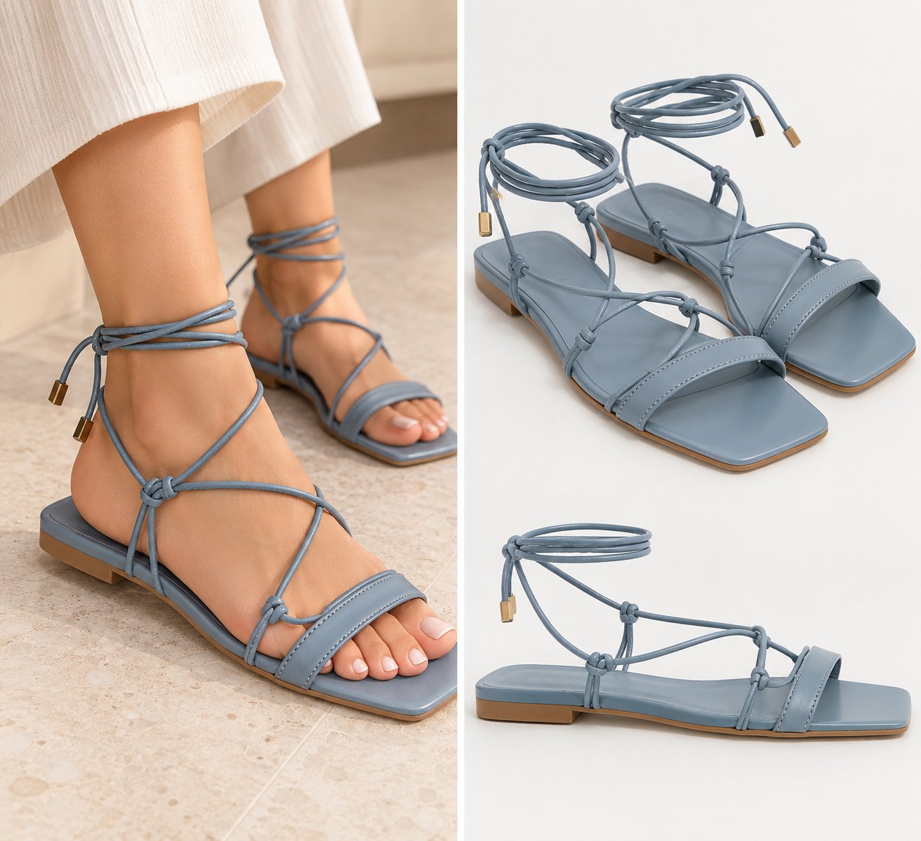 Sandales plates bleu gris à lacets