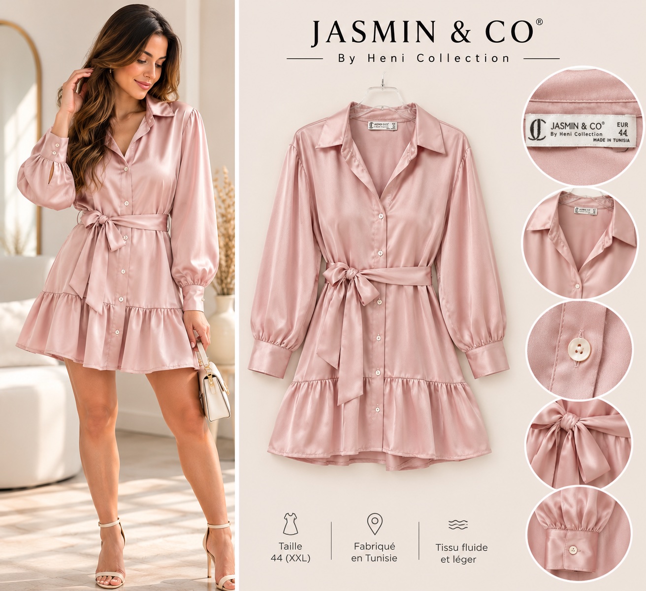 Robe courte satinée rose poudré JASMIN & CO 