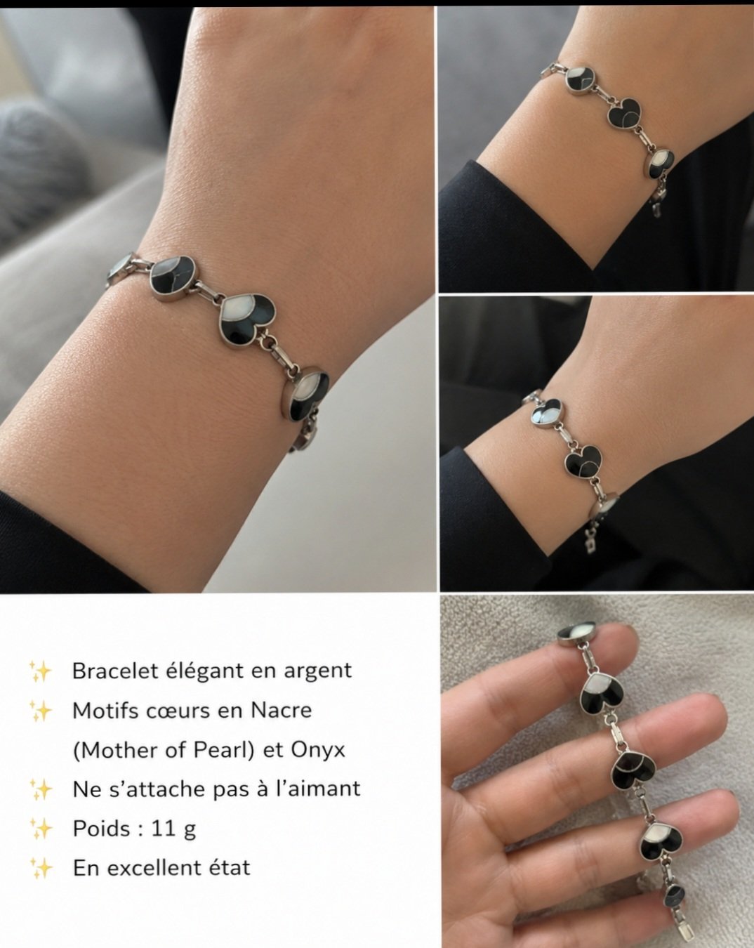 Bracelet en argent Vintage Y2K les pierres Nacre et Onyx