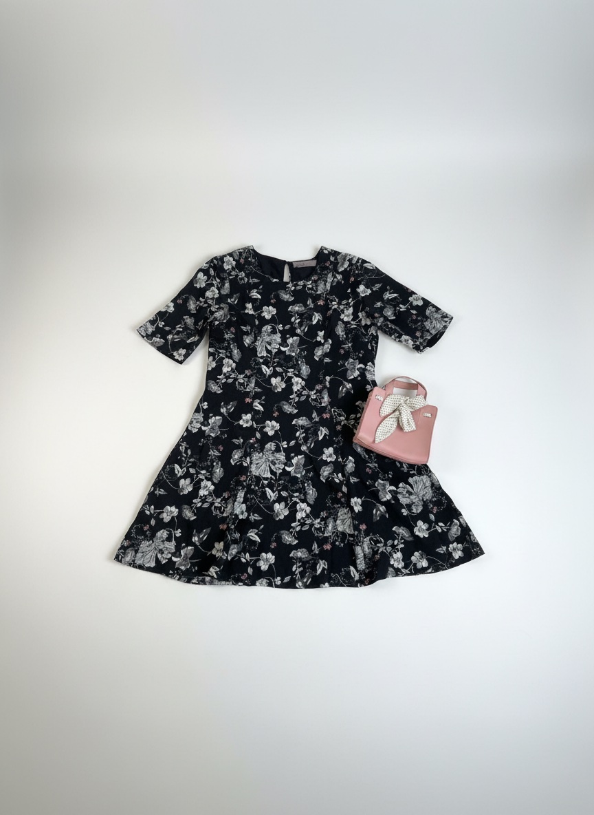 Robe noir fleurie avec des touches en blanc et rose bébé 🖤🌸🤍