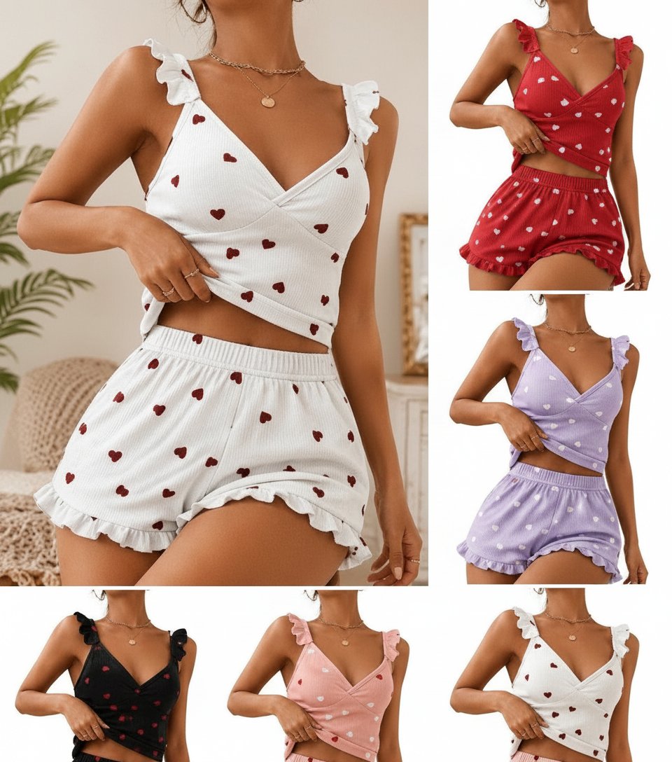 Pyjama short blanc à cœurs rouges