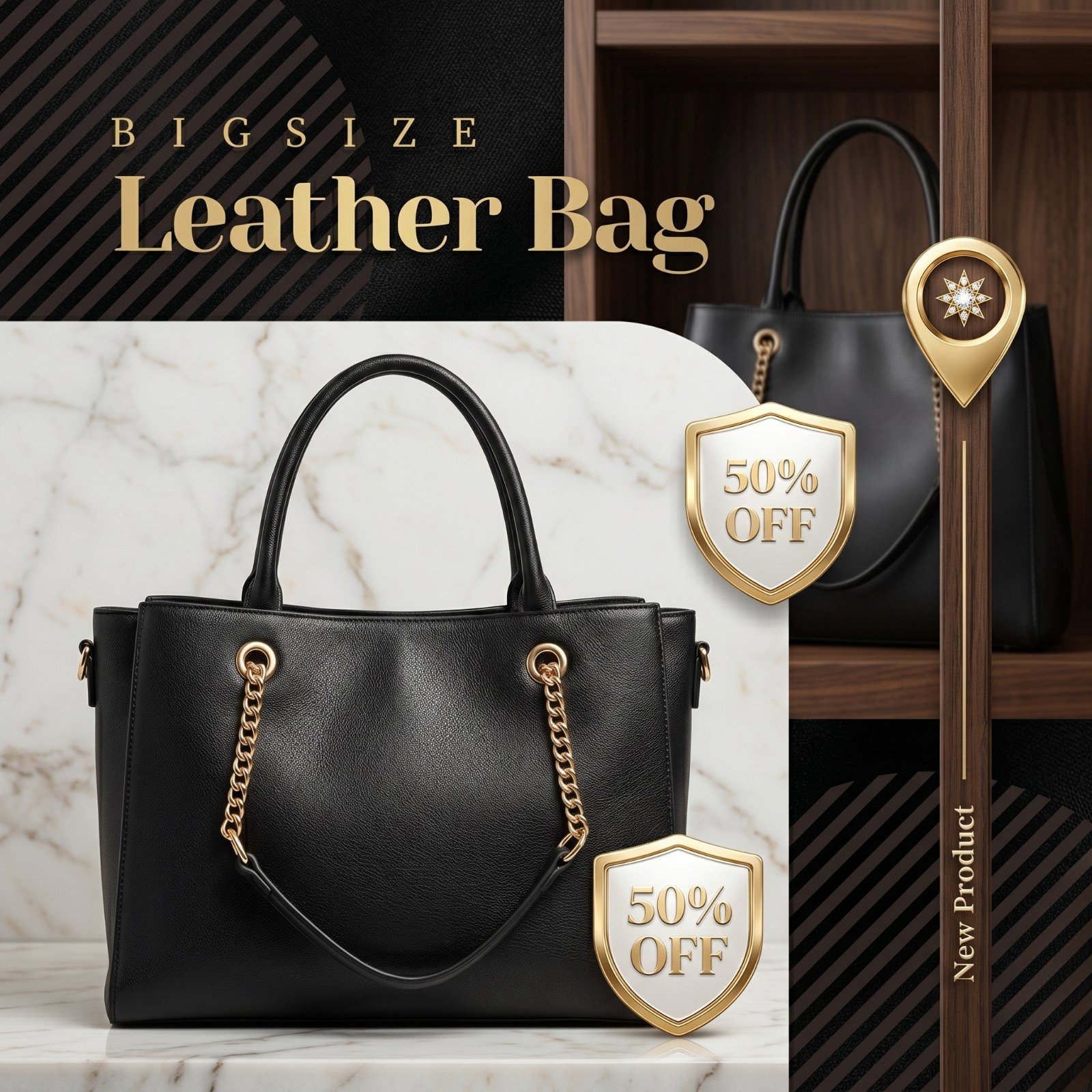 Sac Cabas Noir Matelassé & Chaîne Dorée