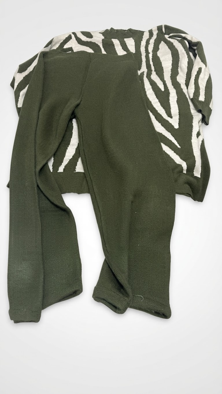 Set en laine vert millitaire pantalon large + pull long