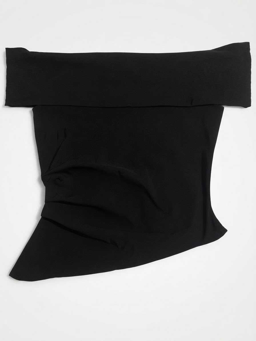 Top noir asymétrique chic, qui souligne la taille et met en valeur les courbes. Épaules dégagées et plis élégants pour un look moderne et féminin 🖤