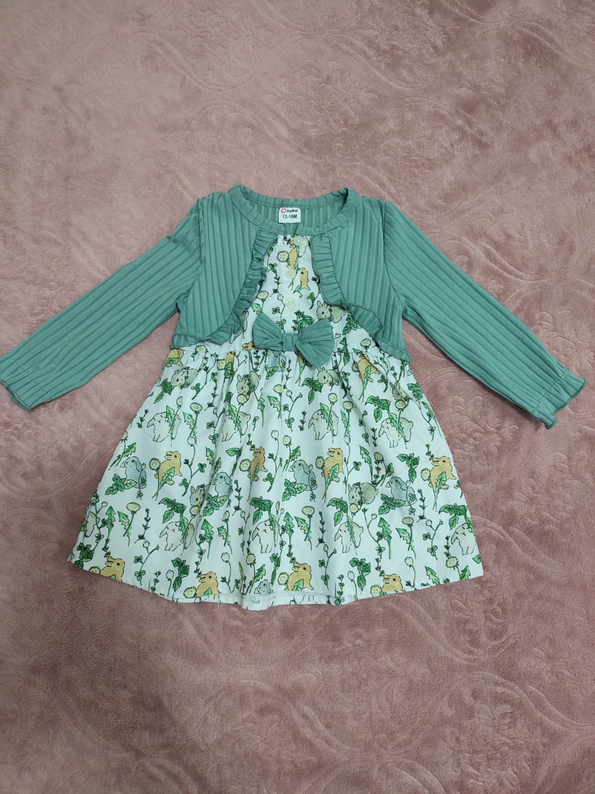 Robe bébé imprimé lapins avec effet gilet vert – 12-18 mois